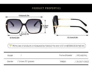 Tableau des tailles détaillé pour lunettes de soleil carrées en métal PC et mesures