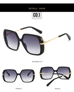 Trois vues de lunettes de soleil carrées oversize avec verres dégradés et branches dorées