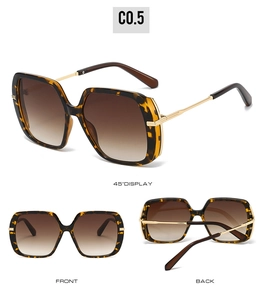 Détails de lunettes de soleil carrées léopard avec branches dorées et verres dégradés