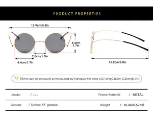 Detailed size chart for 1960s hippie round metal sunglasses with precise measurements