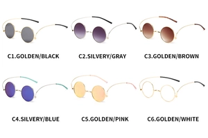 Grid view of vintage round sunglasses in six color variations with metal frames