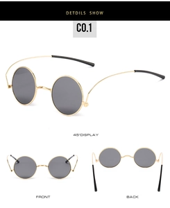 Detailed views of 1960s hippie style round gold metal sunglasses with dark grey lenses