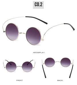 Detailed views of 1960s hippie round purple gradient sunglasses with silver metal frames
