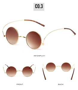 Detailed views of retro gold round sunglasses with brown gradient lenses for costumes
