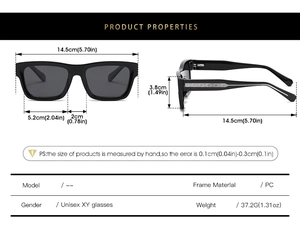 Tableau des tailles détaillé pour lunettes de soleil carrées noires avec dimensions