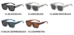 Détails des lunettes de soleil carrées polarisées en noir, gris et motifs léopard
