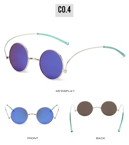 Multi-angle views of retro round sunglasses with purple gradient lenses and silver frames