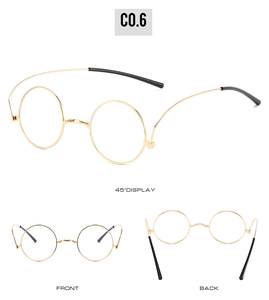 Detailed views of gold round metal frame hippie glasses from front and side angles