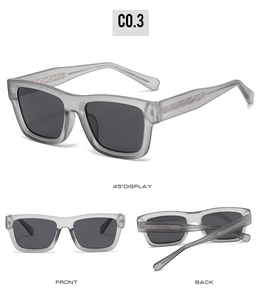 Vues détaillées de lunettes de soleil carrées polarisées avec monture gris mat et tiges en métal