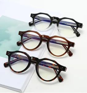Detailed view of retro round eyewear frames in tortoiseshell and gradient brown colors