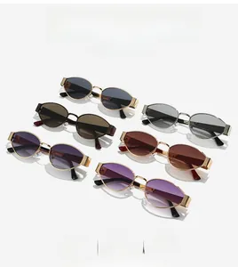 Collection of oval metal sunglasses with various lens colors and vintage gold frames