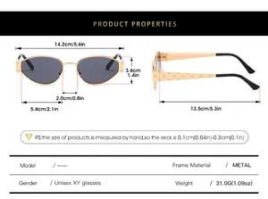 Size chart for oval metal sunglasses showing dimensions and weights in centimeters and inches