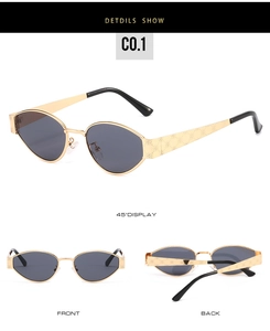 Detailed views showing the golden rose pattern temples and oval frames of these sunglasses