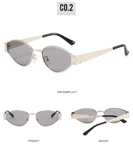 Detailed views of champagne gold oval sunglasses with floral embossed metal temples