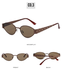 Detail view of oval metal sunglasses with rose floral texture and brown temple tips