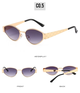 Macro detail of oval metal sunglasses with rose patterns on gold temples and purple lenses