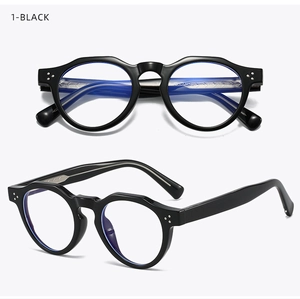 Detail view of black round frame glasses featuring blue light blocking lenses and inner arm text