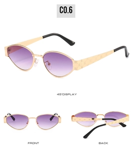 Detailed views of gold metal sunglasses with rose embossed temples and purple gradient lenses