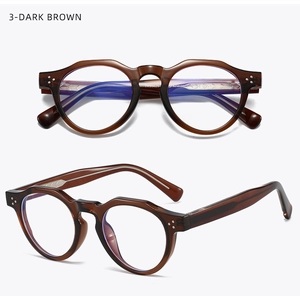 Detail view of dark brown round glasses frame with double metal rivet accents