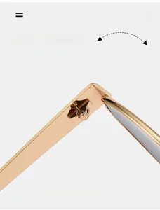 Detail view of a durable golden metal hinge on oval frame sunglasses with smooth mechanism