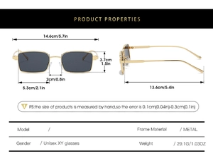 Tableau détaillé des tailles de lunettes de soleil carrées en métal avec vues et dimensions