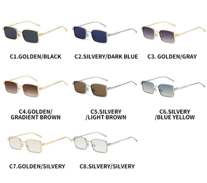 Huit lunettes de soleil rectangulaires en métal avec diverses montures et verres dégradés