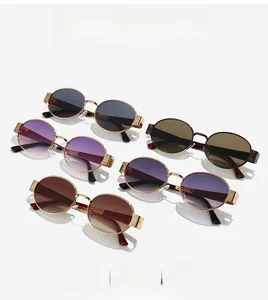 Detailed macro view of vintage oval sunglasses frames in multiple metallic color options
