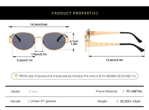 Technical size chart for oval sunglasses featuring precise dimensions and PC metal materials