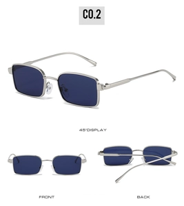 Vues détaillées multi-angles de lunettes de soleil carrées en métal argenté et verres bleus