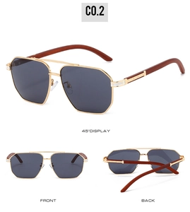 Vue triple de lunettes aviateur avec monture dorée et branches à texture boisée
