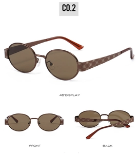 Three-view layout showing front, back, and 45-degree angle of brown oval sunglasses