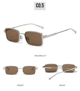 Vue détaillée des lunettes de soleil carrées en métal argenté avec verres marron foncé