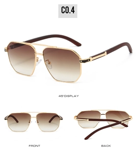 Détails des lunettes aviateur avec verres dégradés marron et branches aspect bois