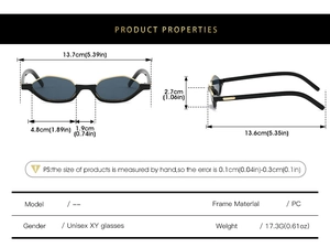 Detailed size specifications for black cat-eye sunglasses with gold metal accents