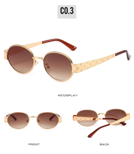 Detailed views of gold oval sunglasses featuring rose engraved patterns and brown gradient lenses