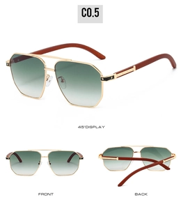 Vue multi-angle de lunettes aviateur à double pont avec branches en bois et verres verts