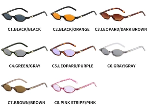 Grid view of vintage small oval cat-eye sunglasses in eight different color patterns