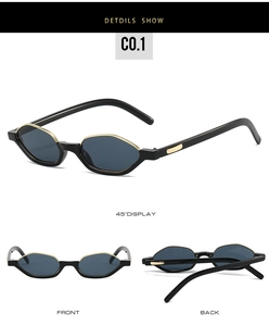 Detailed views of vintage cat-eye sunglasses with black frame and golden metal accents