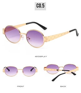 Three-view display of oval sunglasses with golden rose-engraved metal temples and purple lenses