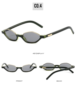 Detailed views of retro cat-eye sunglasses featuring black frames and green accents