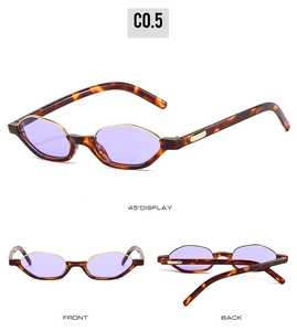 Three-angle view of tortoiseshell cat-eye sunglasses with purple lenses and gold accents