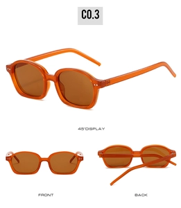 Dreiseitenansicht der Retro-Oval-Sonnenbrille in Orange mit braunen Gläsern und Nieten