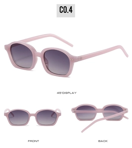 Detailansichten der rosafarbenen ovalen Sonnenbrille mit Verlaufsgläsern und Nieten-Dekor