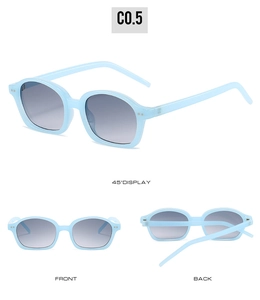 Detaillierte Mehrwinkelansicht der hellblauen Oval-Sonnenbrille mit Nieten und Verlaufsglas