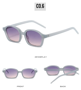 Detaillierte Ansicht der ovalen PC-Sonnenbrille mit Nieten und lila Verlaufsgläsern in Grau