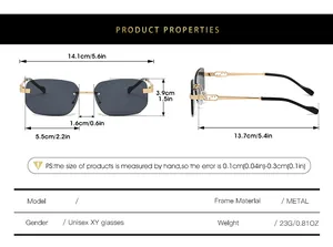 Detailed size chart for square rimless sunglasses showing exact frame and lens dimensions