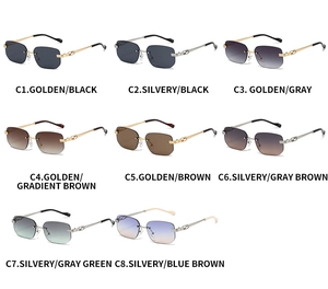 Detailed grid showing 8 square rimless sunglasses colors with metal temples