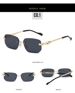 Detailed views of square rimless sunglasses with gold metal temples and hollow hinges