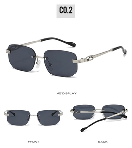 Detail of square rimless sunglasses with grey lenses and silver metal C-shaped hinges