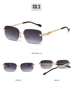 Three views showing rimless gradient square sunglasses with gold hollow chain temples